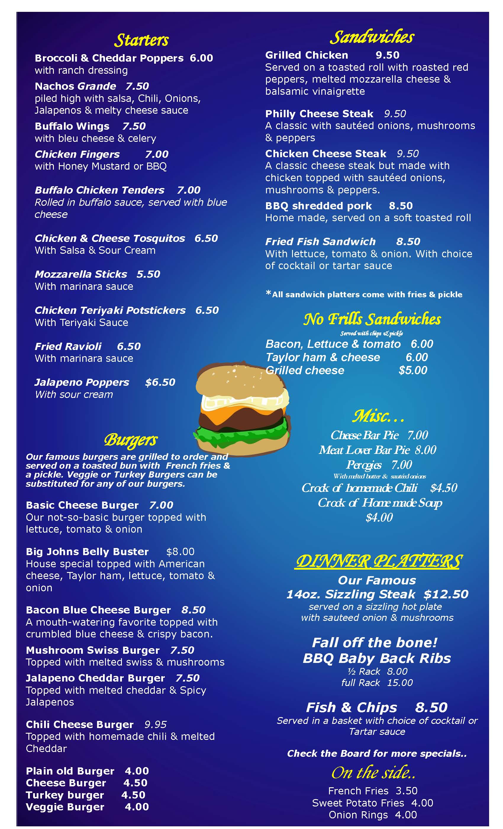 Big Johns Dinner Menu
